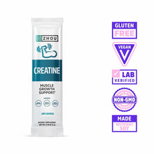 Zhou Nutrition creatine stick pack, unflavored powder, 5g single-serve packet for muscle growth support.