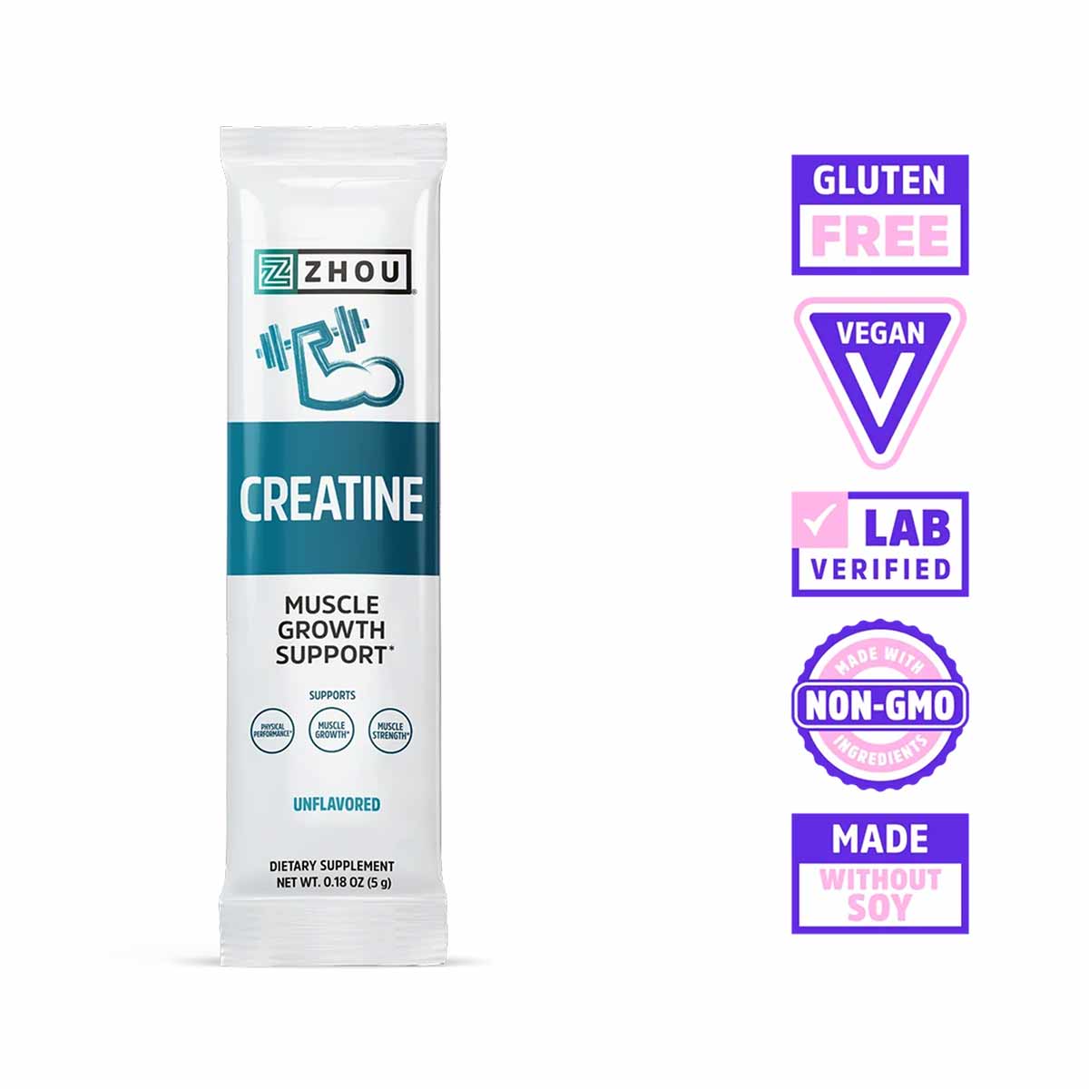 Zhou Nutrition creatine stick pack, unflavored powder, 5g single-serve packet for muscle growth support.
