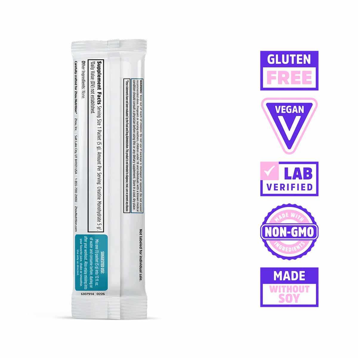 White Zhou Nutrition creatine stick pack box with nutrition label and certification badges for gluten-free, vegan, lab verifi