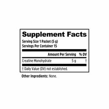 Supplement Facts label showing 5g creatine monohydrate per packet with 15 servings per container and no other ingredients.