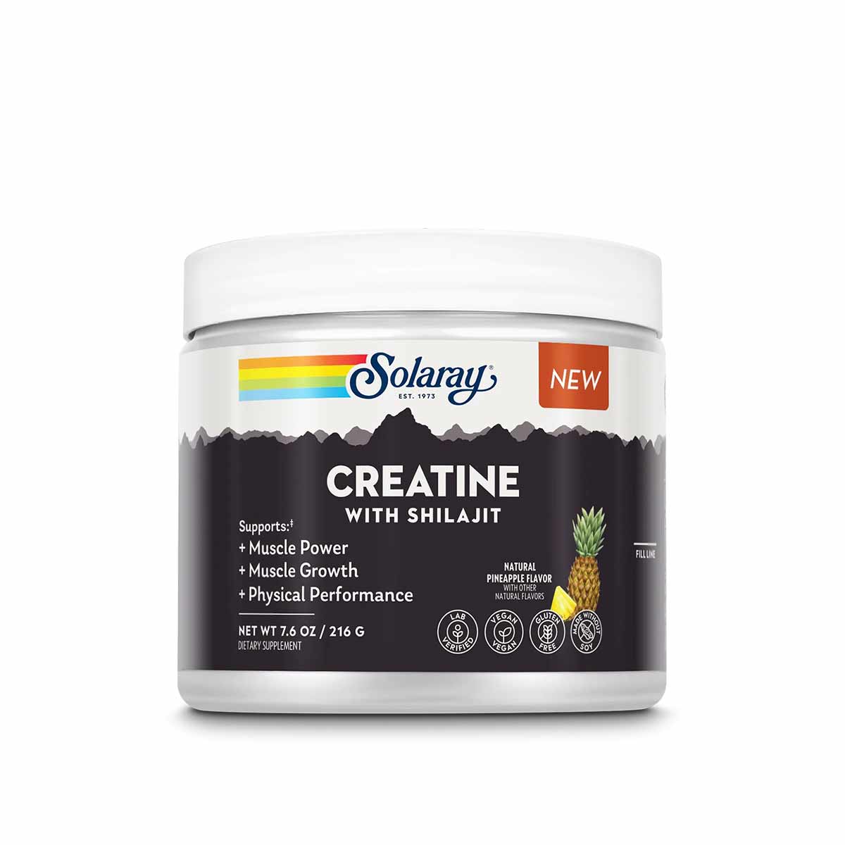 Solaray Creatine with Shilajit powder supplement container, 7.6 oz, pineapple flavor in white jar with black label.