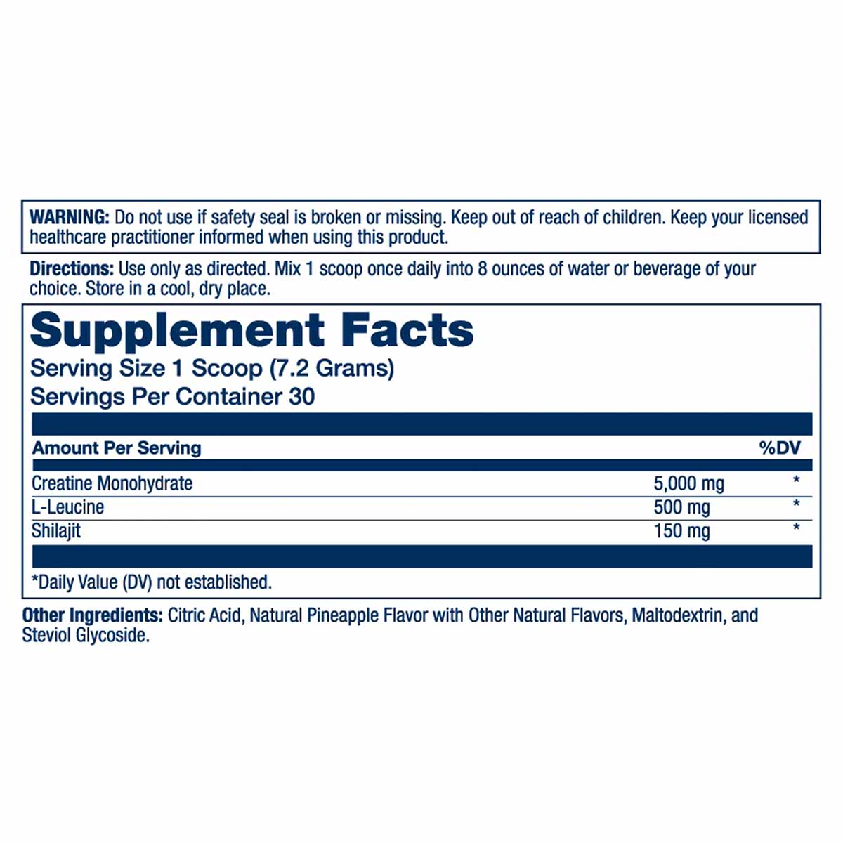 Supplement Facts label for Solaray Creatine with Shilajit powder showing serving size, ingredients, and usage directions.