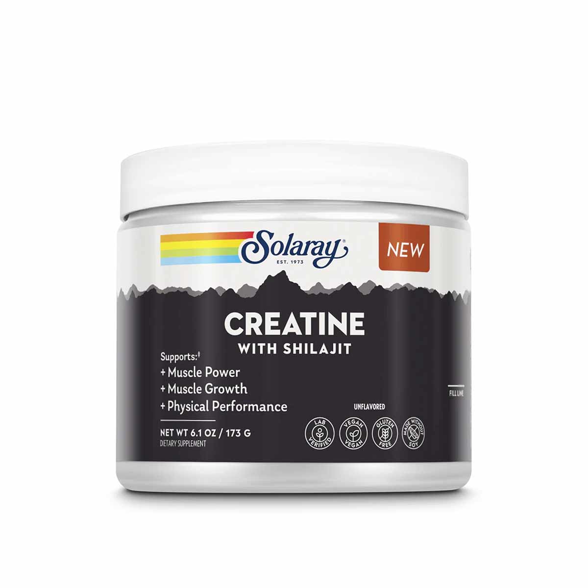 Solaray Creatine With Shilajit dietary supplement powder in white container, 6.1 oz, unflavored.