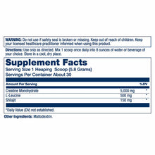 Supplement Facts label for Solaray Creatine with Shilajit powder showing serving size, ingredients, and directions.