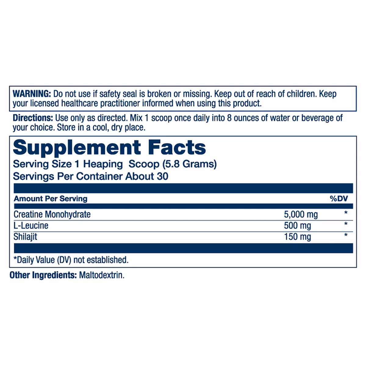 Supplement Facts label for Solaray Creatine with Shilajit powder showing serving size, ingredients, and directions.