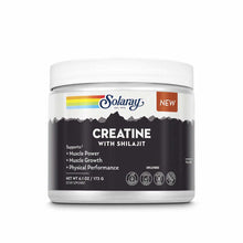 Solaray Creatine with Shilajit powder in white and black container, 6.1 oz, unflavored dietary supplement.