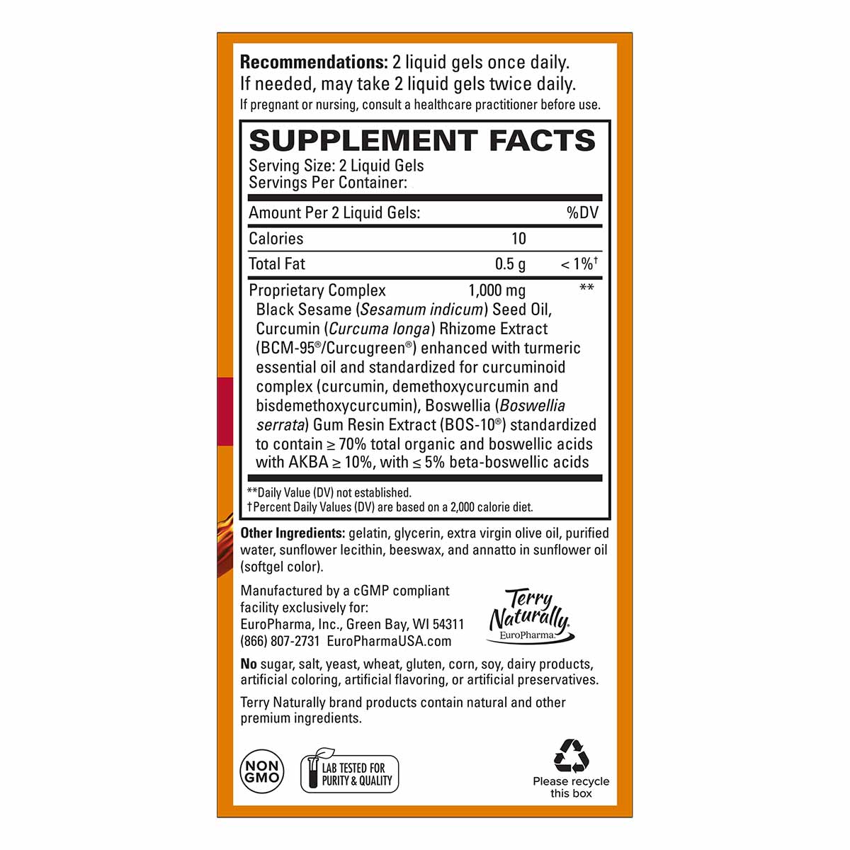 CuraMed Acute Pain Relief supplement facts label showing dosage, ingredients, and manufacturer information.