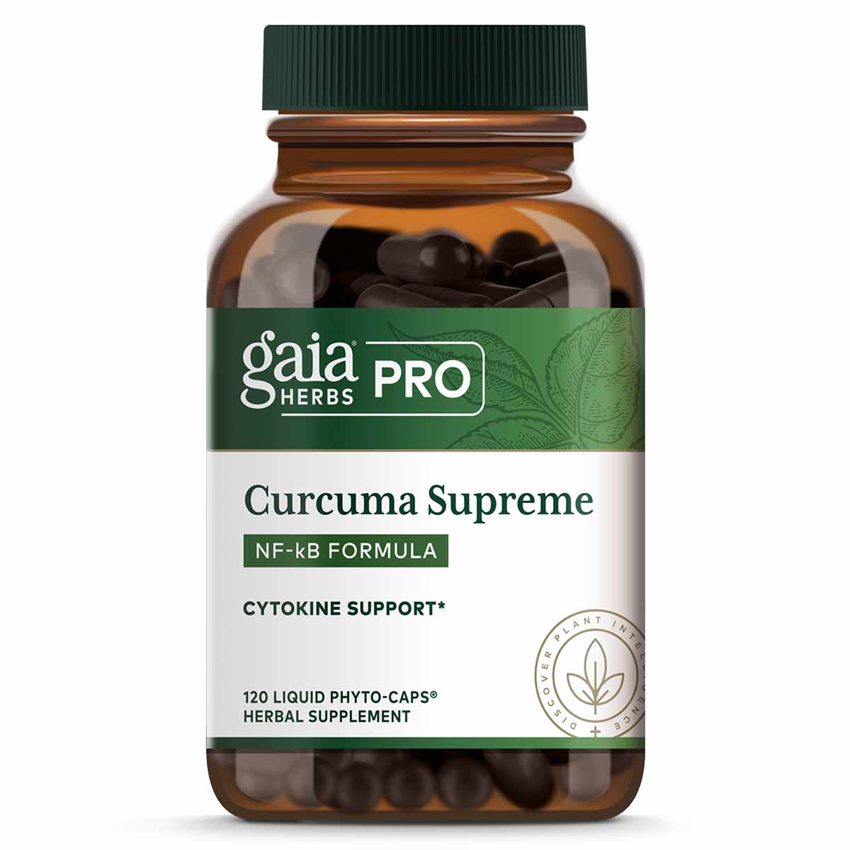 Brown glass bottle with green cap containing black liquid phyto-capsules labeled Gaia Herbs Pro Curcuma Supreme NF-kB Formula