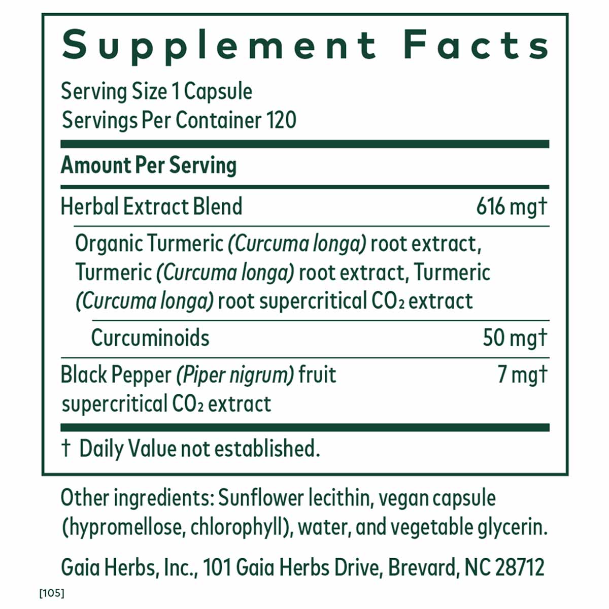 Supplement Facts label for Curcuma Supreme capsules listing herbal extract blend with turmeric, curcuminoids, and black peppe