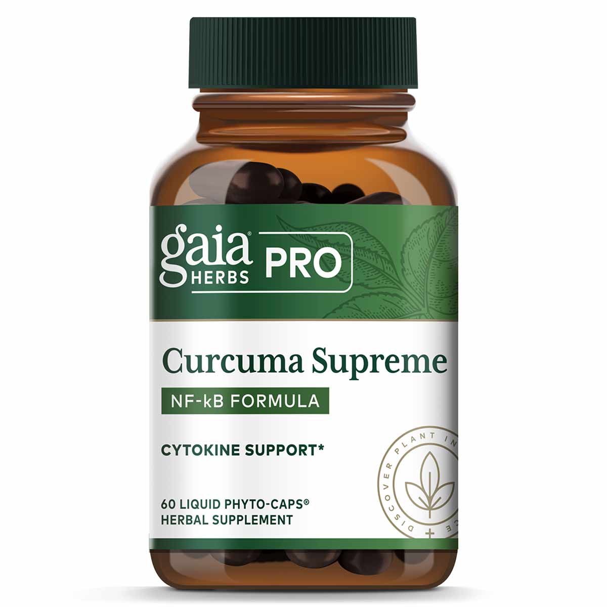 Gaia Herbs Pro Curcuma Supreme NF-kB Formula bottle with green cap containing 60 liquid phyto-caps.