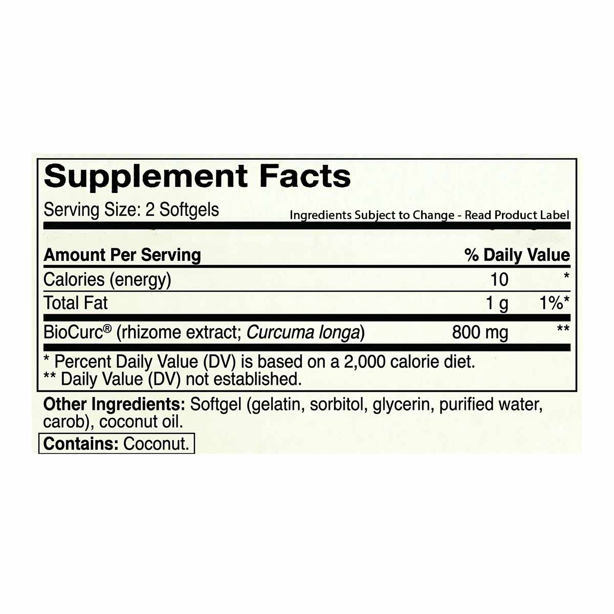 Supplement Facts label for Curcumin 400x softgels showing serving size, ingredients, and nutritional information.