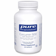 White supplement bottle with blue Pure Encapsulations label containing 120 capsules of Curcumin 500 with Bioperine.