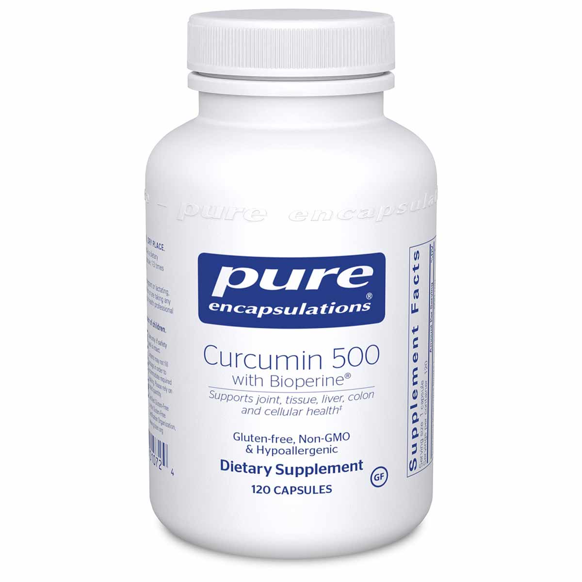 White supplement bottle with blue Pure Encapsulations label containing 120 capsules of Curcumin 500 with Bioperine.