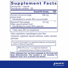 Supplement facts label showing 500 mg turmeric extract with Bioperine black pepper extract, 120 capsules per container.