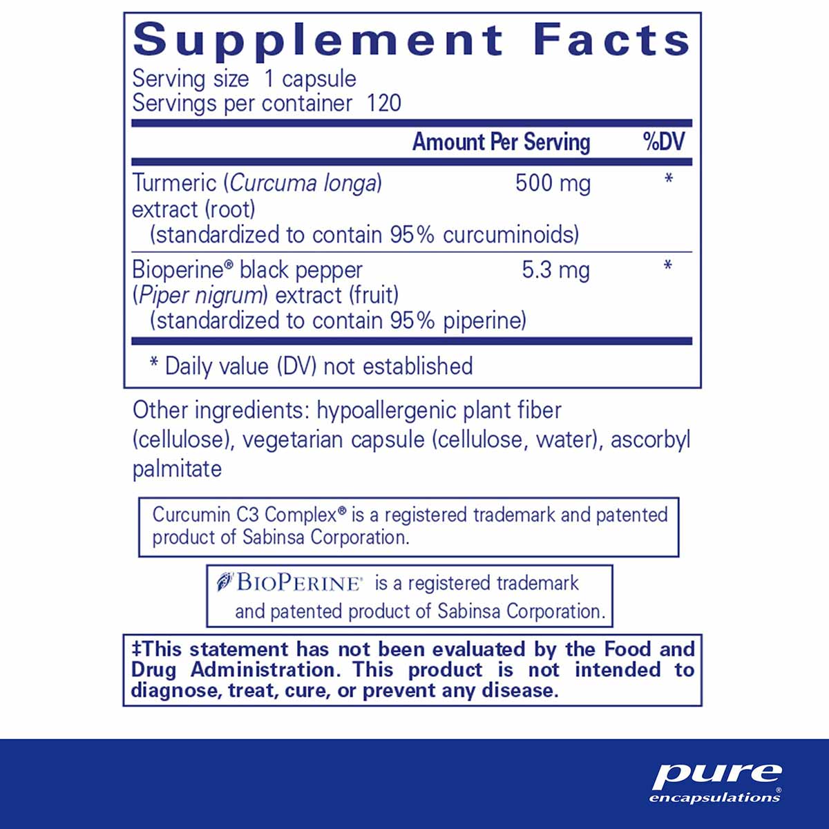 Supplement facts label showing 500 mg turmeric extract with Bioperine black pepper extract, 120 capsules per container.