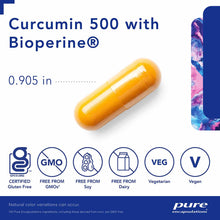 Yellow capsule of Curcumin 500 with Bioperine supplement, 0.905 inches in size.