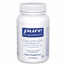 White bottle of Pure Encapsulations Curcumin 500 with Bioperine dietary supplement containing 60 capsules.