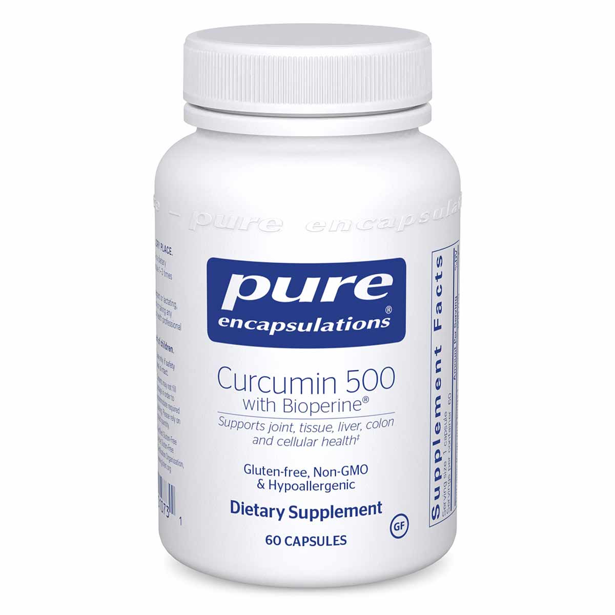 White bottle of Pure Encapsulations Curcumin 500 with Bioperine dietary supplement containing 60 capsules.