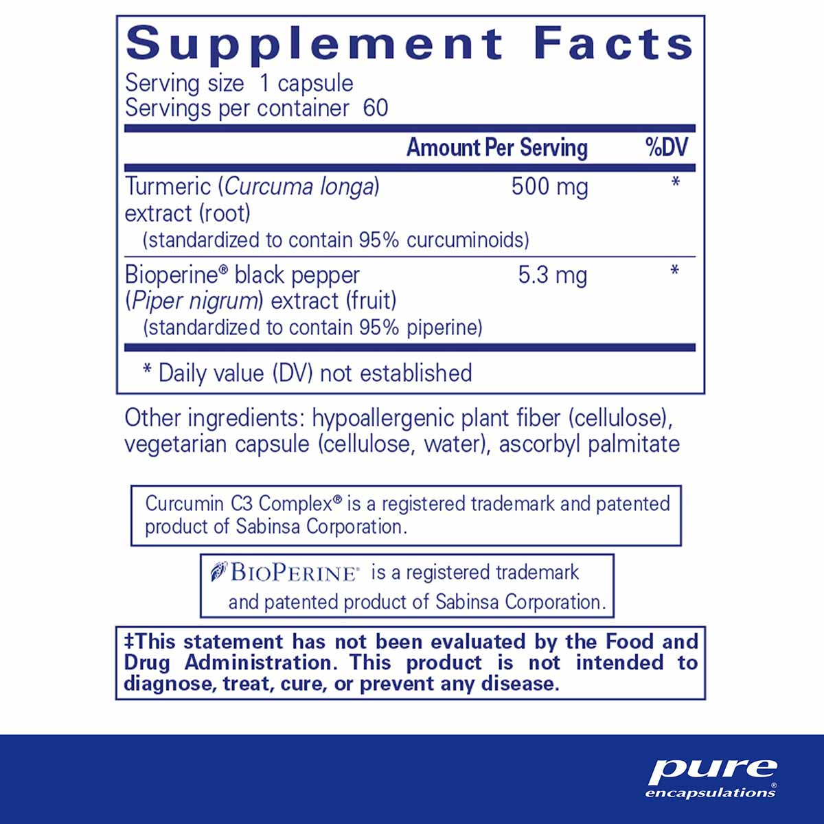 Supplement Facts label showing Curcumin 500mg with Bioperine 5.3mg per capsule, 60 servings per container.