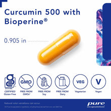 Yellow capsule supplement pill labeled Curcumin 500 with Bioperine, 0.905 inches, with certification icons below.