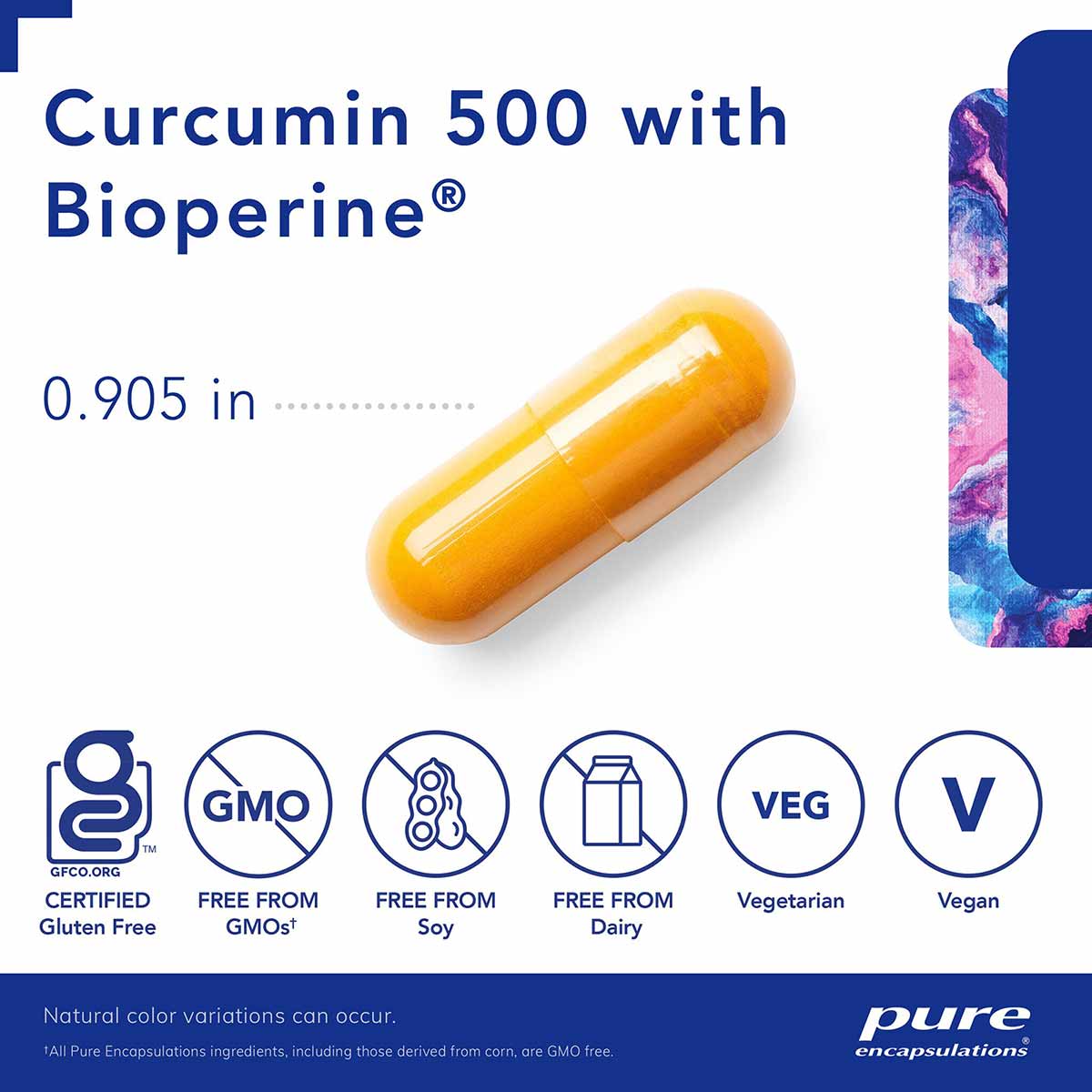 Yellow capsule supplement pill labeled Curcumin 500 with Bioperine, 0.905 inches, with certification icons below.