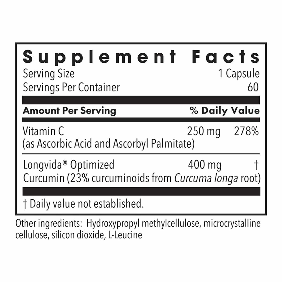Supplement Facts label showing Vitamin C 250 mg and Longvida Optimized Curcumin 400 mg per capsule serving, 60 servings per c
