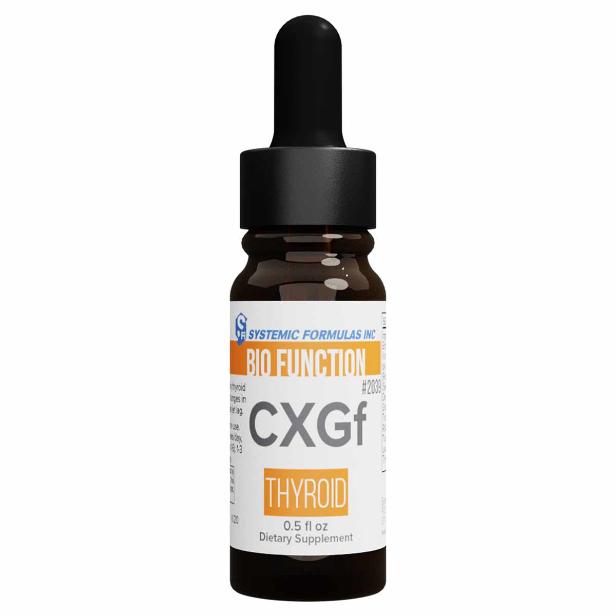 Brown glass dropper bottle with black cap labeled "CXGf Thyroid" by Systemic Formulas, 0.5 fl oz dietary supplement.