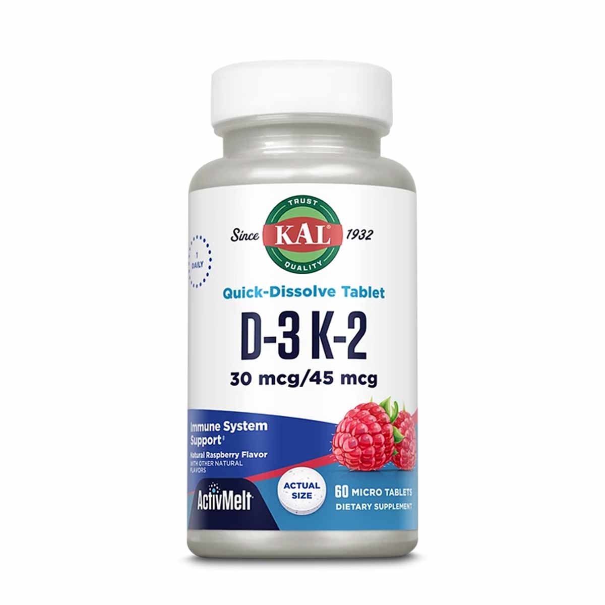 Kal D-3 K-2 ActivMelt quick-dissolve tablet bottle with white cap and raspberry flavor label.