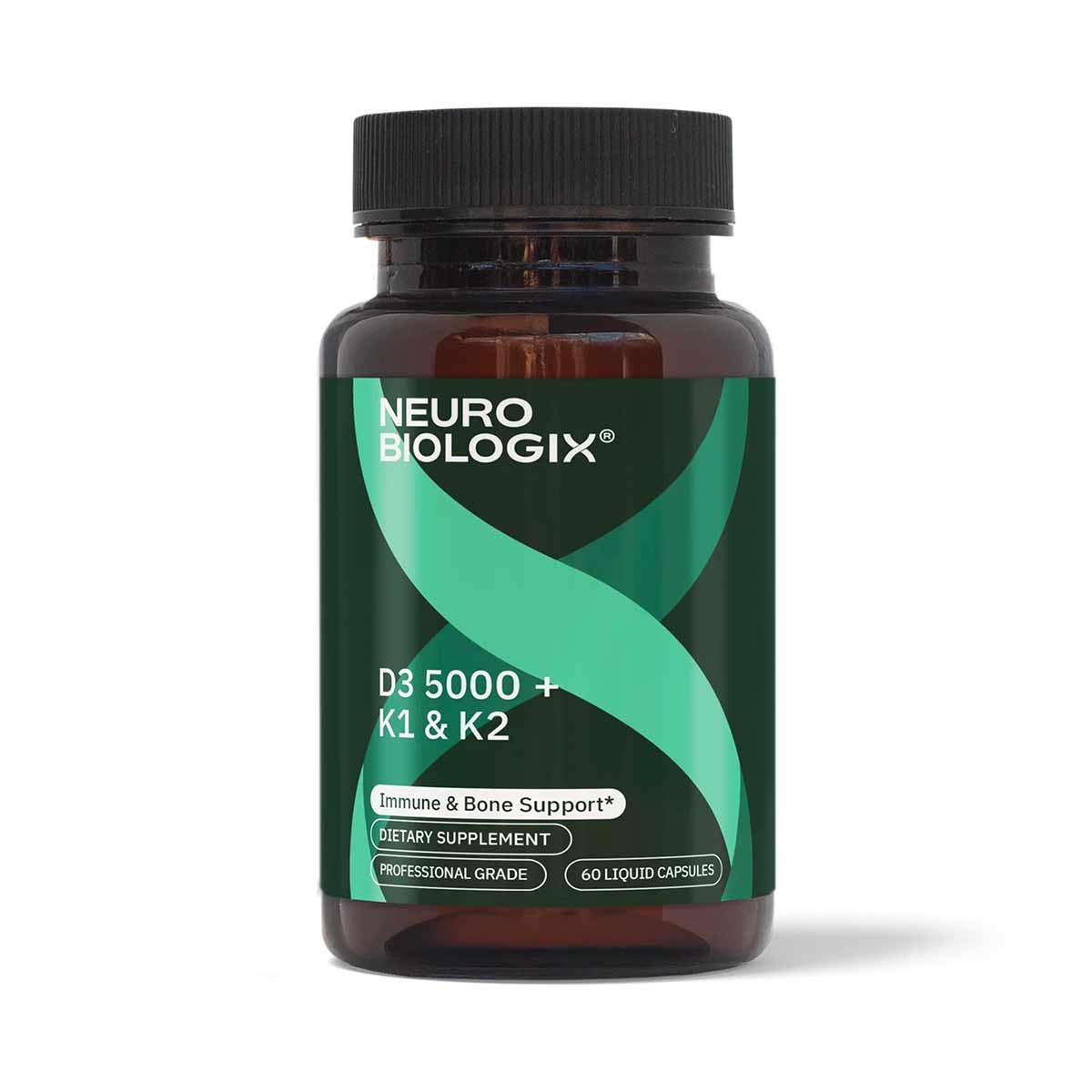 Brown glass bottle of Neurobiologix D3 5000 + K1 & K2 dietary supplement with green and black label, 60 liquid capsules.