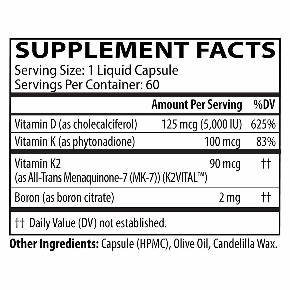 Supplement Facts label for D3 5000 + K1/K2 liquid capsules showing vitamin D, K1, K2, and boron content per serving.