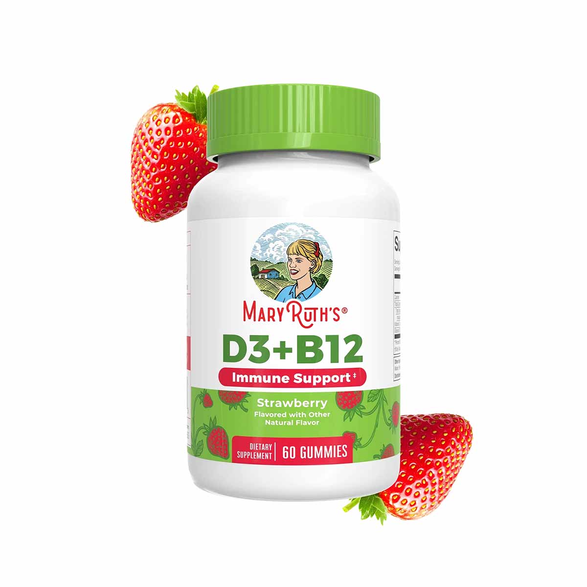 White bottle with green cap labeled "D3+B12 Immune Support" in strawberry flavor, surrounded by fresh strawberries.