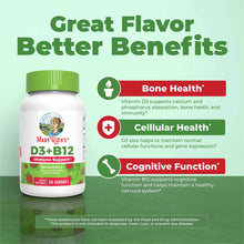 MaryRuth's Organics D3+B12 vitamin supplement bottle with green cap and strawberry-flavored gummies, 60 count.