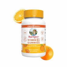 White bottle of MaryRuth's orange-flavored vitamin D3 gummies with yellow cap, surrounded by fresh orange slices.