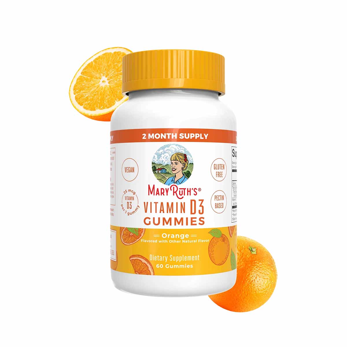 White bottle of MaryRuth's orange-flavored vitamin D3 gummies with yellow cap, surrounded by fresh orange slices.