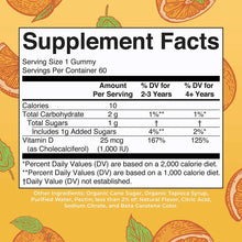 Supplement Facts label for D3 gummies showing vitamin D content of 25 mcg per serving on yellow background with orange slice 