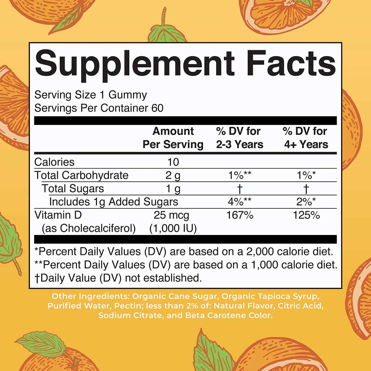 Supplement Facts label for D3 gummies showing vitamin D content of 25 mcg per serving on yellow background with orange slice 