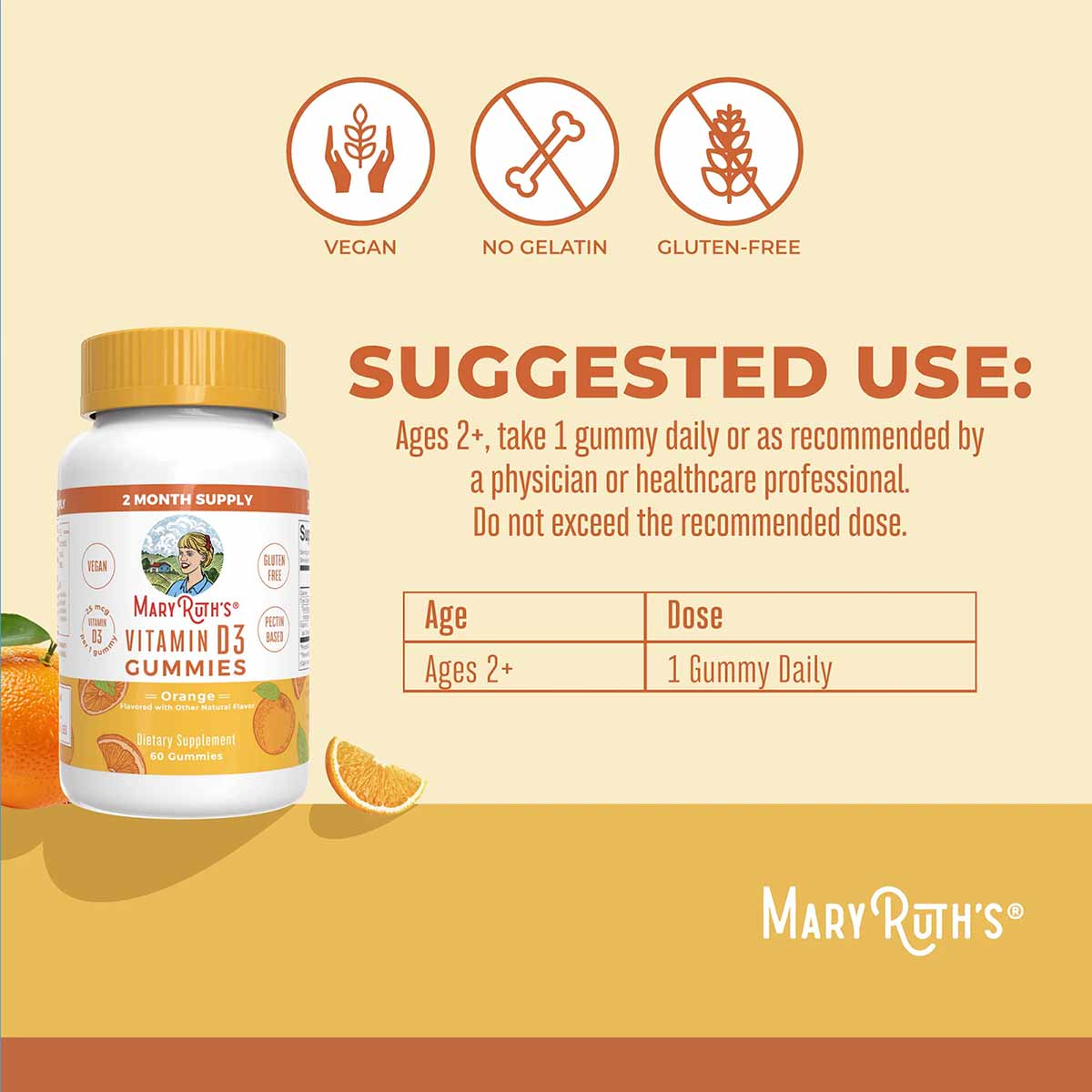 Bottle of MaryRuth's orange-flavored Vitamin D3 gummies with vegan, no gelatin, and gluten-free icons displayed above.