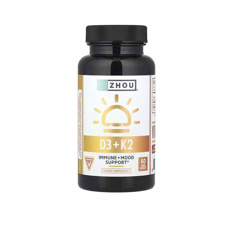 D3 + K2 Capsules, 60 Veg Capsules, by Zhou Nutrition