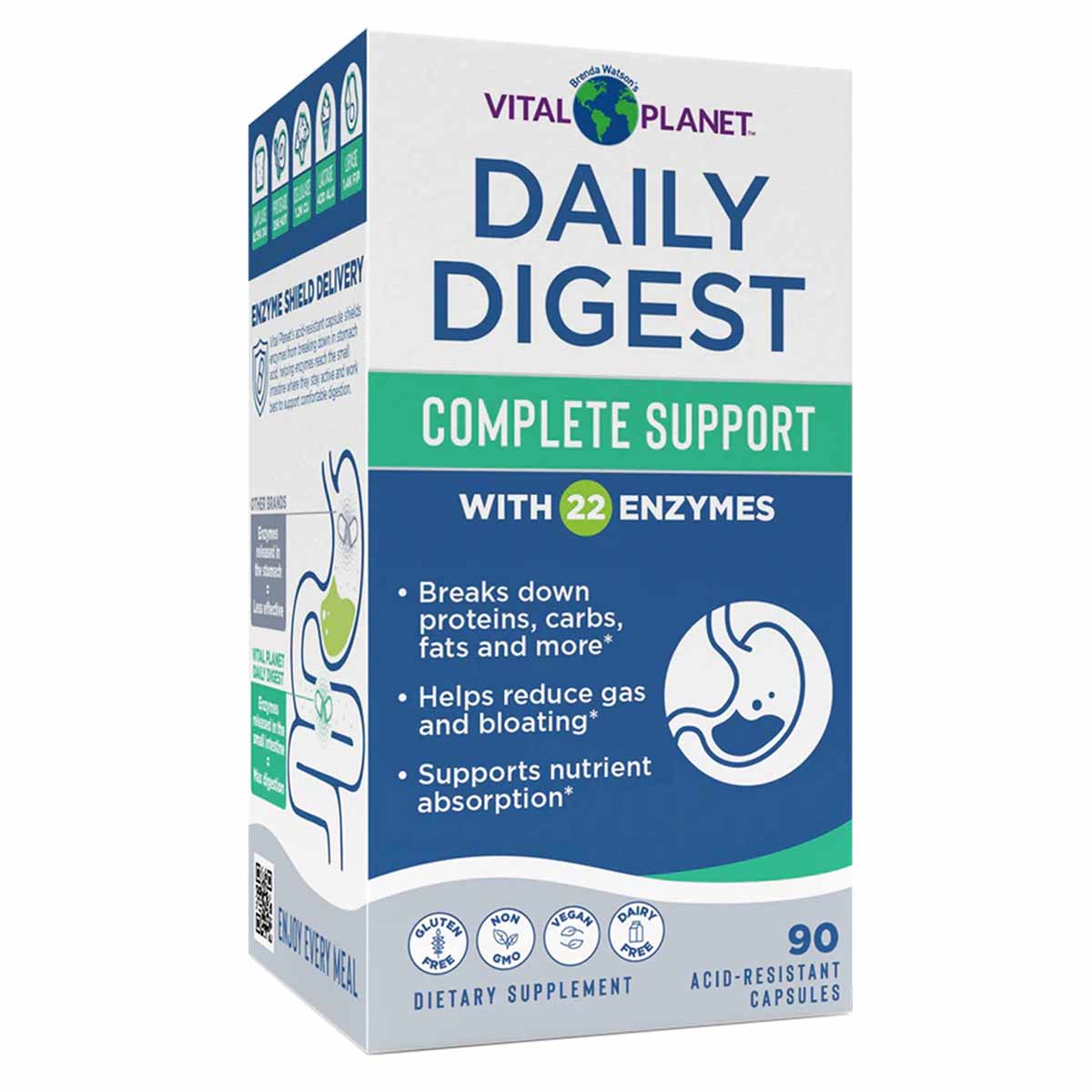 White and blue box of Daily Digest Complete Support digestive enzyme supplement containing 90 acid-resistant capsules by Vita