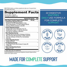 Supplement Facts label for Daily Digest Complete Support showing 22 digestive enzymes, serving size one capsule, with Gluten 