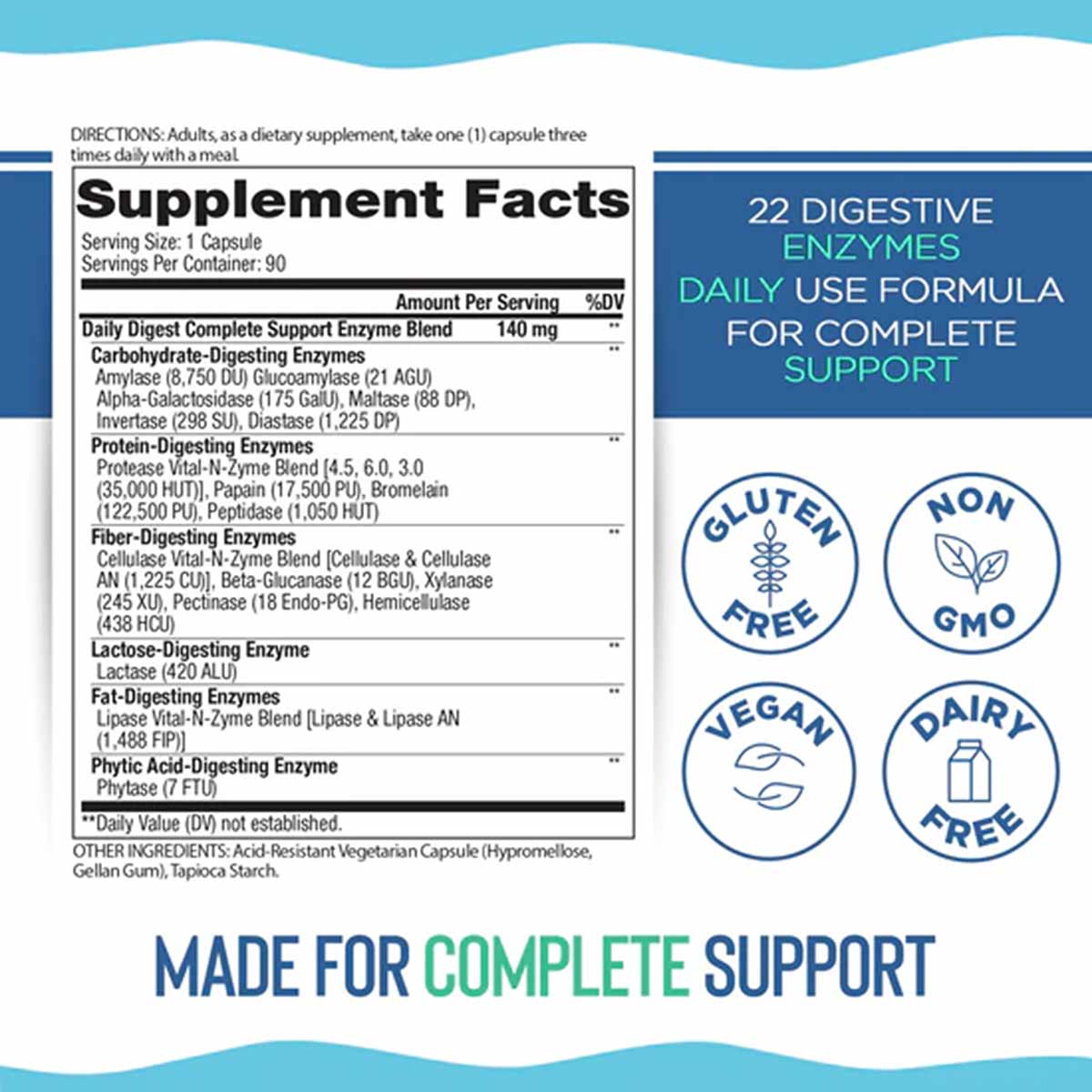 Supplement Facts label for Daily Digest Complete Support showing 22 digestive enzymes, serving size one capsule, with Gluten 