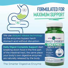 Vital Planet Daily Digest Enzymes Complete Support bottle with white cap and green label, 90 capsules.