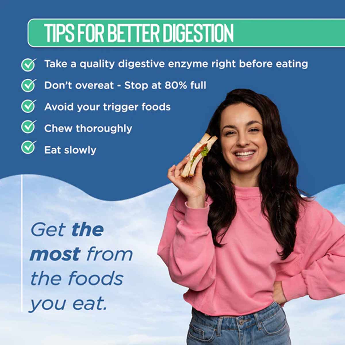 Woman in pink shirt holding sandwich with text about digestion tips on blue background.