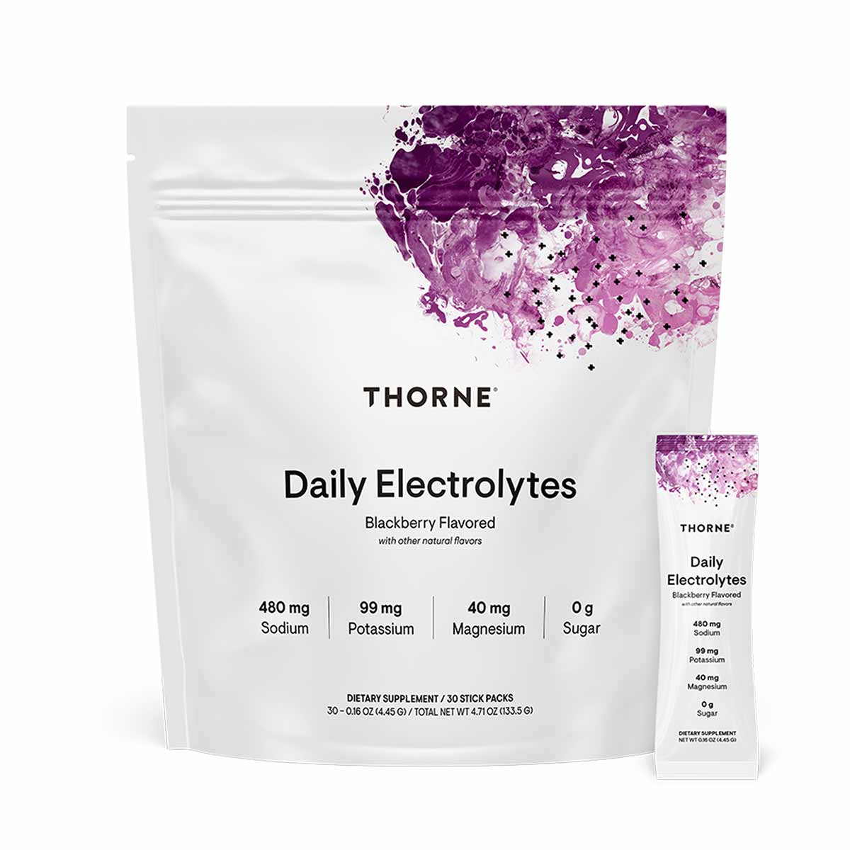 White pouch of Thorne Daily Electrolytes in blackberry flavor with purple watercolor design, displayed with individual stick 
