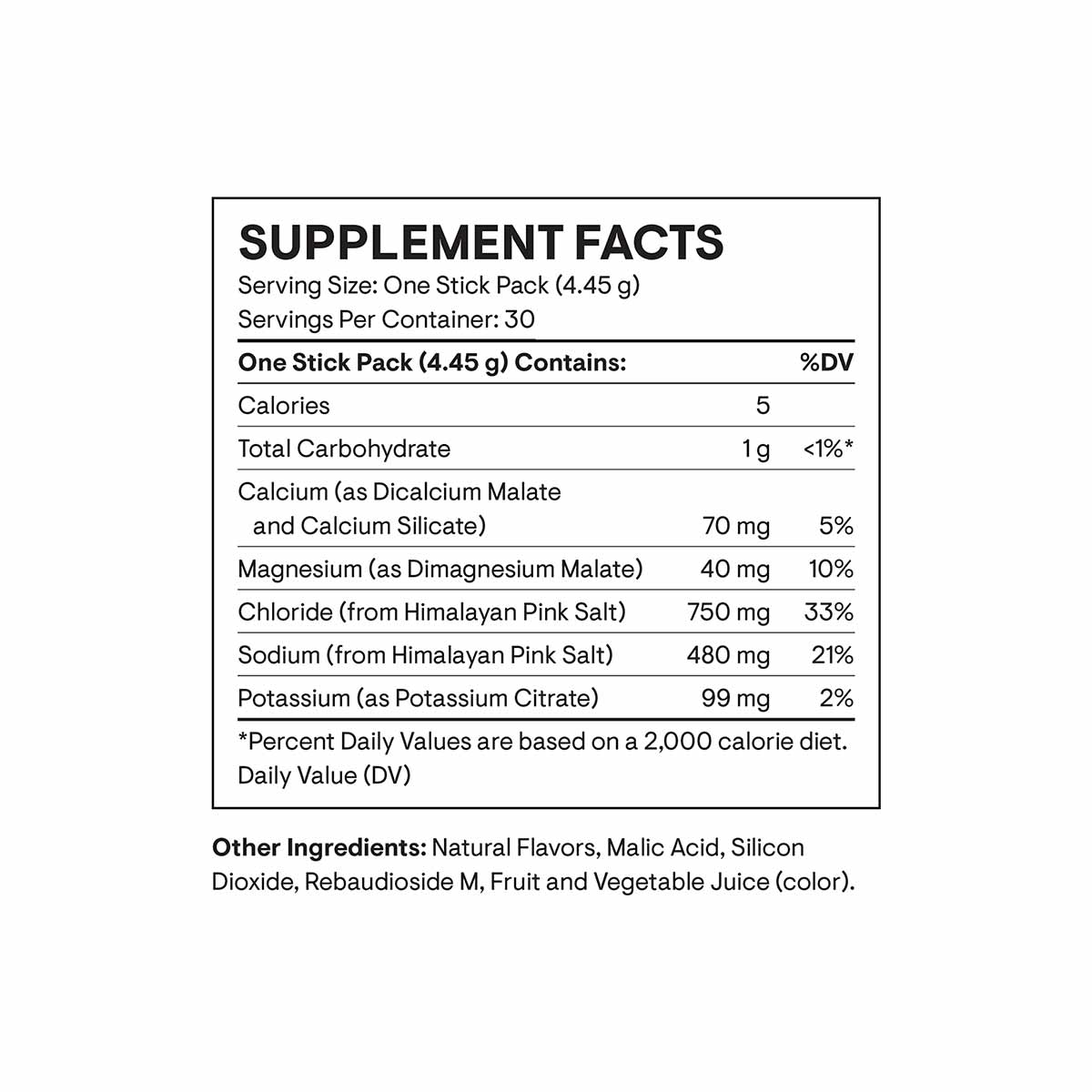 Supplement Facts label showing electrolyte content per stick pack including calcium, magnesium, chloride, sodium, and potassi