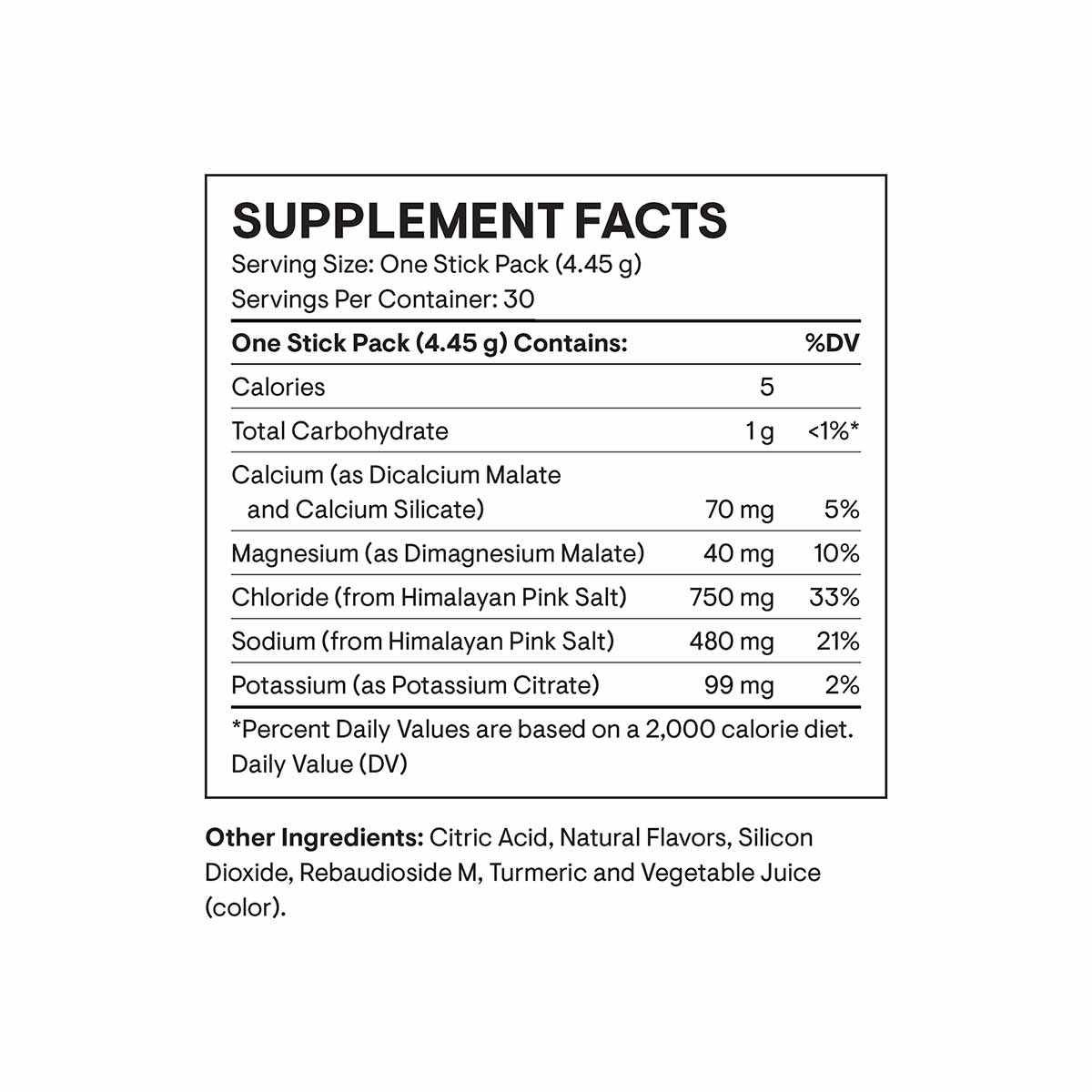 Supplement Facts label for Daily Electrolytes stick pack showing nutritional information including calcium, magnesium, chlori