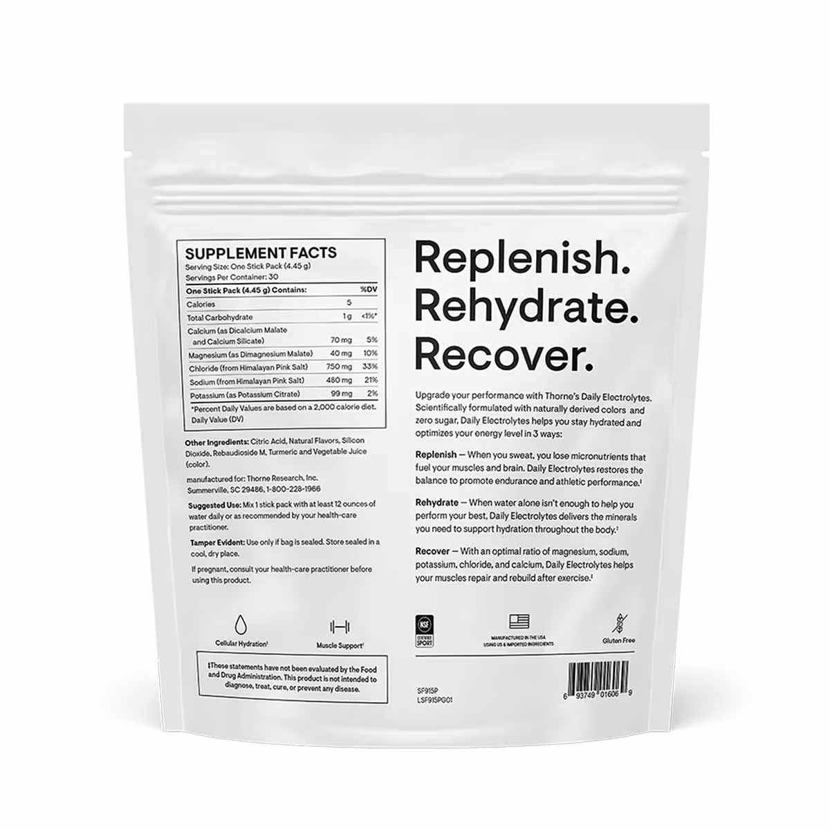 White pouch of Thorne Research Daily Electrolytes with supplement facts, ingredient list, and product benefits printed on fro