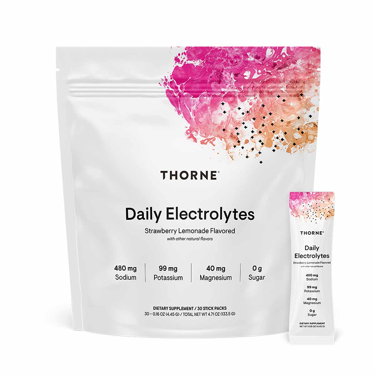 White pouch of Thorne Daily Electrolytes in strawberry lemonade flavor with nutritional information and a single-serve packet