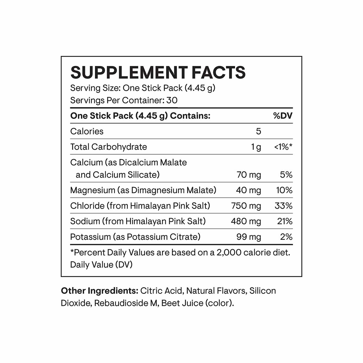 Supplement facts label for Daily Electrolytes showing serving size, calories, and electrolyte content per stick pack.