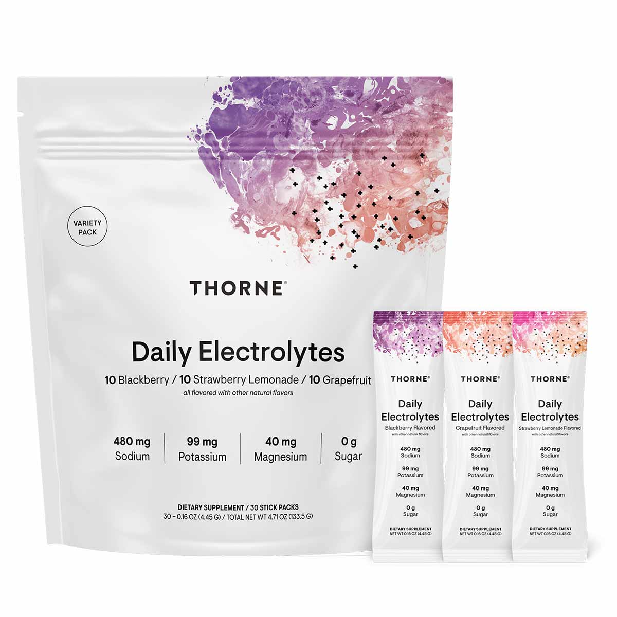 Thorne Research Daily Electrolytes variety pack with large pouch and three individual stick packs in blackberry, strawberry l